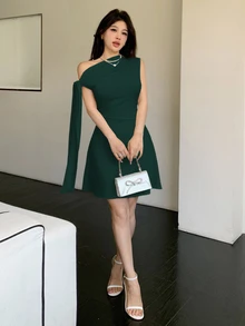 SHEIN Unity Women's Asymmetric Tie-Up Waist Short Dress Green - Dark Green - View 5