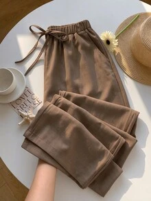 GlowEve CURVE Women's Plus Size Wide Leg Pants - High Waisted Drawstring Casual Baggy Fall Trousers With Pockets Office Travel Brown - Brown - View 4