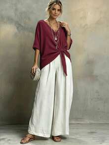 SHEIN LUNE Women's Spring/Summer Casual Faux Linen Solid Color V-Neck Twist Knot Shirt - Burgundy - View 7