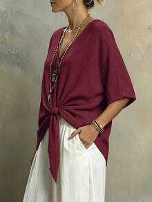 SHEIN LUNE Women's Spring/Summer Casual Faux Linen Solid Color V-Neck Twist Knot Shirt - Burgundy - View 9
