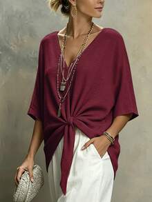 SHEIN LUNE Women's Spring/Summer Casual Faux Linen Solid Color V-Neck Twist Knot Shirt - Burgundy - View 4