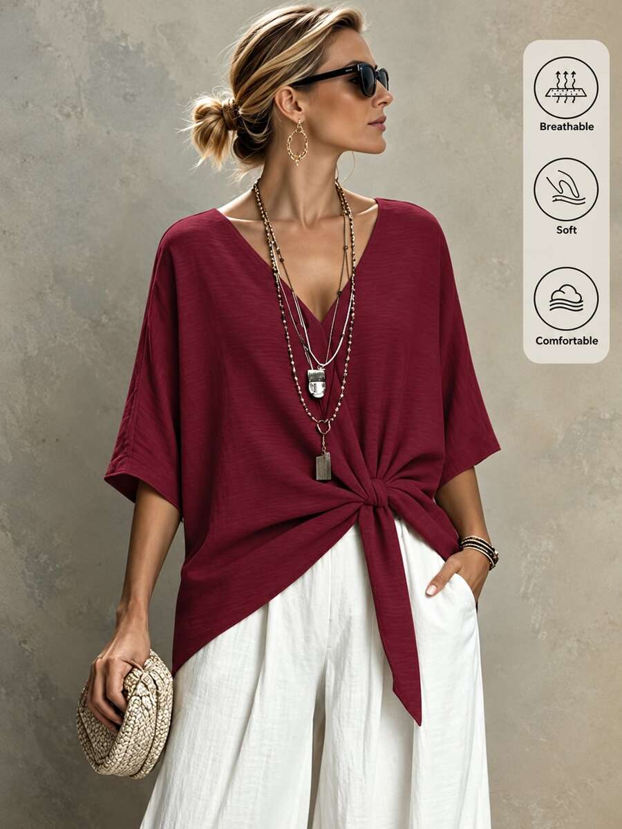 SHEIN LUNE Women's Spring/Summer Casual Faux Linen Solid Color V-Neck Twist Knot Shirt - Burgundy - View 1