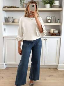 Elouméa Vintage American Style Mature Woman Aesthetic Slim Fit Flattering Elastic Soft Knit Sweater - Beige - View 5
