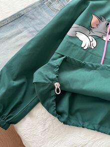 TOM & JERRY X SHEIN SHEIN EZwear Plus Size Women's Cartoon Pattern Long Sleeve Zip-Up Casual Hooded Jacket - Green - View 6
