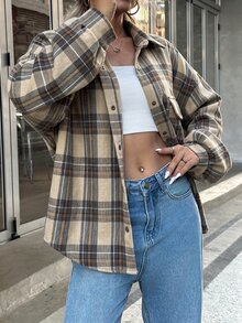 INAWLY 女款格紋落肩長袖單排扣休閒寬鬆襯衫 - 卡其色 - 查看 6