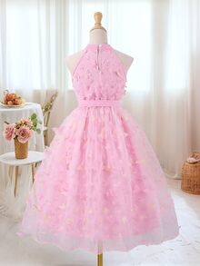 SHEIN Teen Girls' 3D Flower Butterfly Halter Neck Mini Dress, Spring/Summer Party, Birthday, Wedding, Elegant Cute Poster Girl, Graduation, Outfits Pink - Baby Pink - View 3