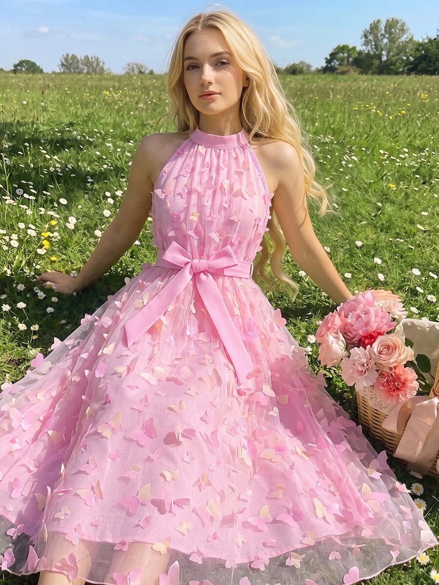 SHEIN Teen Girls' 3D Flower Butterfly Halter Neck Mini Dress, Spring/Summer Party, Birthday, Wedding, Elegant Cute Poster Girl, Graduation, Outfits Pink