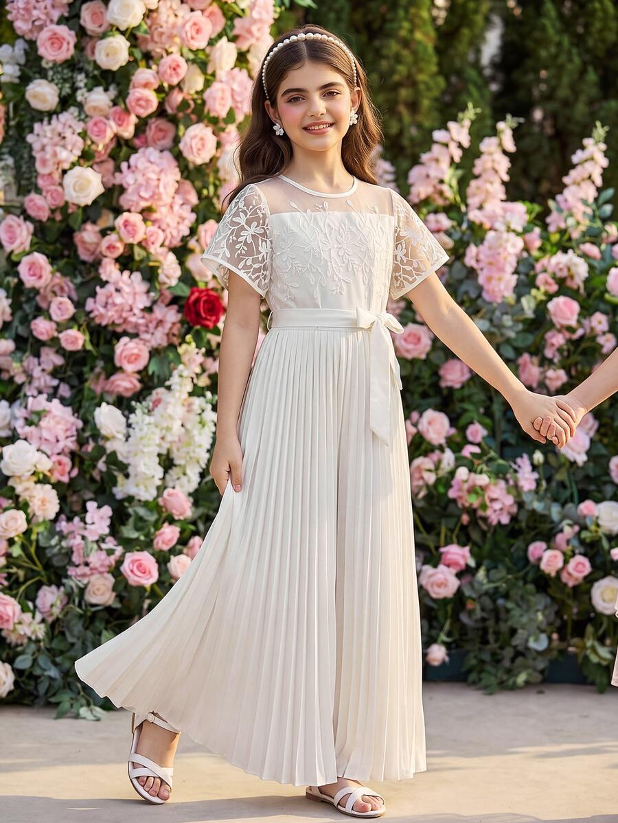 SHEIN Tween Girls Elegant Classy Lace Patchwork Flared Pants, Girls Bridesmaid Formal Wedding Graduation Party Season Jumpsuit White Floral Summer