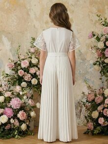 SHEIN Tween Girls Elegant Classy Lace Patchwork Flared Pants, Girls Bridesmaid Formal Wedding Graduation Party Season Jumpsuit White Floral Summer - White - View 3