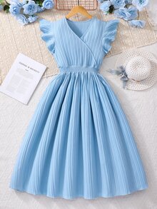 SHEIN Teen Girl Elegant Cute Refreshing Waist Tie Ruffle Sleeve Maxi Dress, Graduation, Outfits Party Teal Blue Summer - Blue - View 7