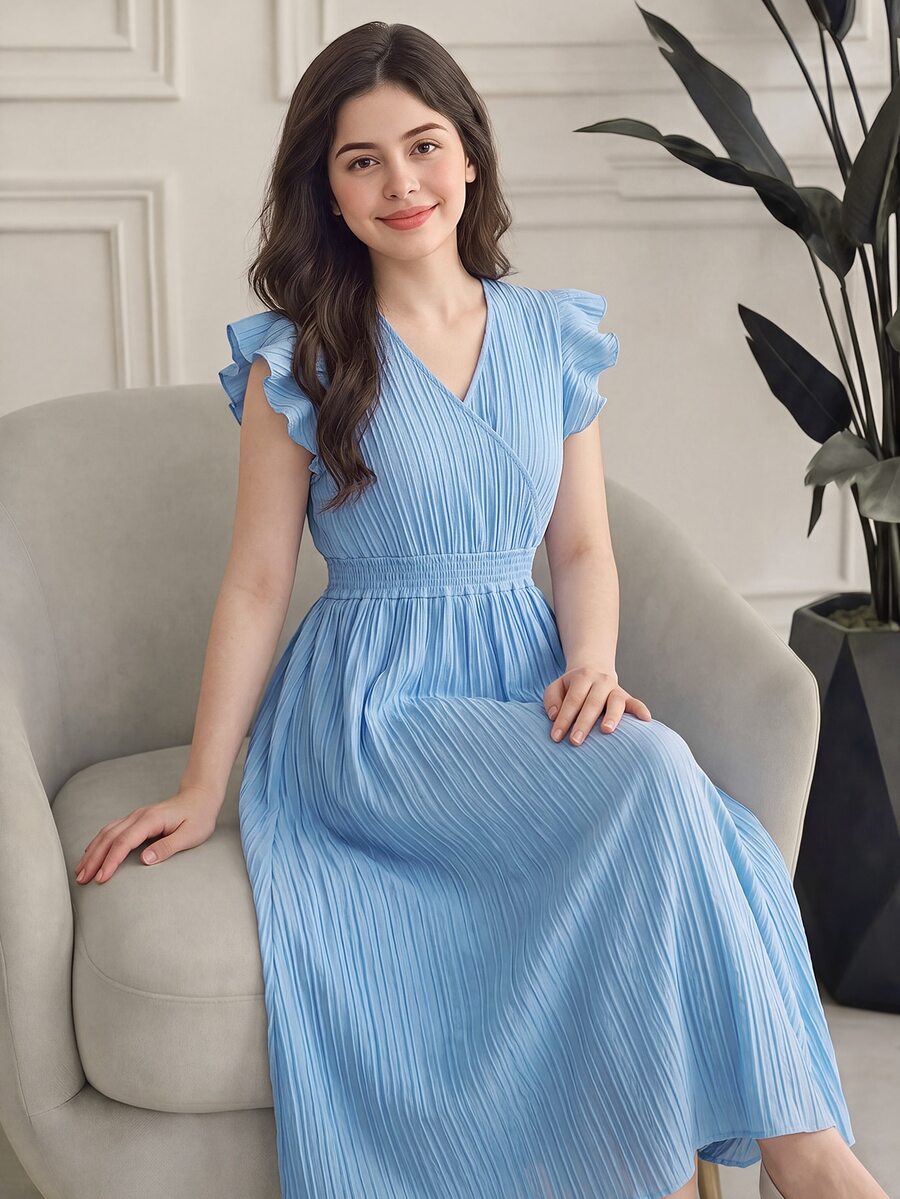 SHEIN Teen Girl Elegant Cute Refreshing Waist Tie Ruffle Sleeve Maxi Dress, Graduation, Outfits Party Teal Blue Summer - Blue - View 1