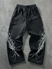 ROMWE MEN Dark Gothic Thorn Print Wide Leg Sweatpants For Men, Niche Subculture Rivet Pocket Drawstring Elastic Waist Floor Length High Street Vintage Loose Drape Flared Pants - Black - View 1