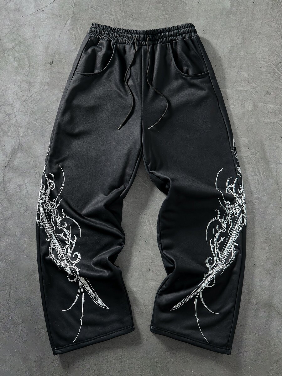 ROMWE MEN Dark Gothic Thorn Print Wide Leg Sweatpants For Men, Niche Subculture Rivet Pocket Drawstring Elastic Waist Floor Length High Street Vintage Loose Drape Flared Pants - Black - View 1