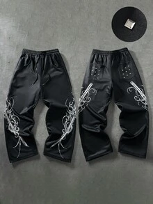 ROMWE MEN Dark Gothic Thorn Print Wide Leg Sweatpants For Men, Niche Subculture Rivet Pocket Drawstring Elastic Waist Floor Length High Street Vintage Loose Drape Flared Pants - Black - View 5