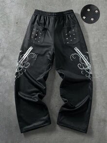 ROMWE MEN Dark Gothic Thorn Print Wide Leg Sweatpants For Men, Niche Subculture Rivet Pocket Drawstring Elastic Waist Floor Length High Street Vintage Loose Drape Flared Pants - Black - View 8