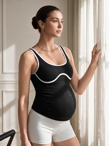 SHEIN Maternity Square Neck Contrast Color Camisole Top With Built-In Padded Cups, High Elasticity Slim Fit Belly Support Sports Top, Seamless Non-Binding Minimalist Sexy Style For Pregnancy Yoga Fitness Commute And Postpartum Inner Layer - Black - View 5