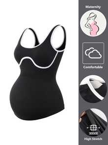SHEIN Maternity Square Neck Contrast Color Camisole Top With Built-In Padded Cups, High Elasticity Slim Fit Belly Support Sports Top, Seamless Non-Binding Minimalist Sexy Style For Pregnancy Yoga Fitness Commute And Postpartum Inner Layer - Black - View 6