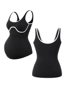 SHEIN Maternity Square Neck Contrast Color Camisole Top With Built-In Padded Cups, High Elasticity Slim Fit Belly Support Sports Top, Seamless Non-Binding Minimalist Sexy Style For Pregnancy Yoga Fitness Commute And Postpartum Inner Layer - Black - View 9