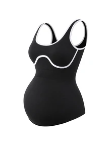 SHEIN Maternity Square Neck Contrast Color Camisole Top With Built-In Padded Cups, High Elasticity Slim Fit Belly Support Sports Top, Seamless Non-Binding Minimalist Sexy Style For Pregnancy Yoga Fitness Commute And Postpartum Inner Layer - Black - View 8