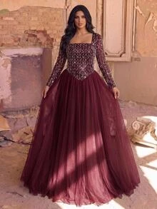 Glamrae Plus Size Elegant Romantic Square Neck Long Sleeve Sheer Luxury Sequin Contrast Mesh A-Line Evening Gown For Wedding Party Celebration Formal Event Dinner - Burgundy - View 7