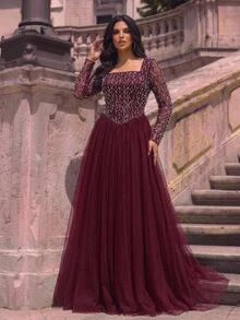 Glamrae Plus Size Elegant Romantic Square Neck Long Sleeve Sheer Luxury Sequin Contrast Mesh A-Line Evening Gown For Wedding Party Celebration Formal Event Dinner - Burgundy - View 3
