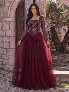 Glamrae Plus Size Elegant Romantic Square Neck Long Sleeve Sheer Luxury Sequin Contrast Mesh A-Line Evening Gown For Wedding Party Celebration Formal Event Dinner - Burgundy - View 6