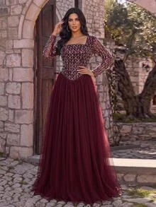 Glamrae Plus Size Elegant Romantic Square Neck Long Sleeve Sheer Luxury Sequin Contrast Mesh A-Line Evening Gown For Wedding Party Celebration Formal Event Dinner - Burgundy - View 8