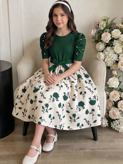 SHEIN Đầm bé gái tuổi teen màu xanh họa tiết hoa tay phồng, đầm dự tiệc homecoming cho bé gái, đầm phù dâu đám cưới mùa hè dễ thương thanh lịch