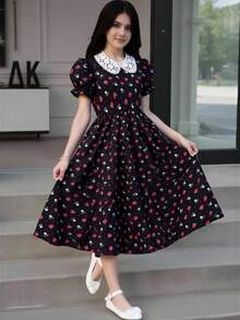 SHEIN 黑色與紅色半泡泡袖長版 A 字裙，適合前青春期女孩，配彼得潘領與植物圖案喇叭下擺，派對夏季可愛風 - 黑色 - 查看 4