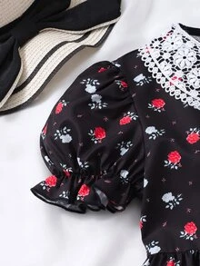 SHEIN 黑色與紅色半泡泡袖長版 A 字裙，適合前青春期女孩，配彼得潘領與植物圖案喇叭下擺，派對夏季可愛風 - 黑色 - 查看 6