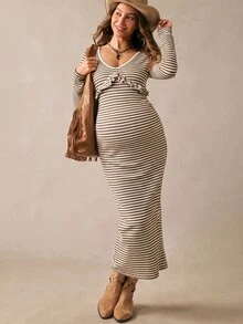 Boho Mama 孕婦條紋V領長袖荷葉邊修身側開衩洋裝 秋季鄉村西式風 - 咖啡棕 - 查看 7