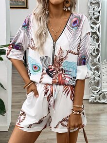 EMERY ROSE Loose Casual  Printed Vacation Women's 2pcs Set, Half-Zip Shirt And Shorts Fall Cloth For Women - Multicolor - View 4