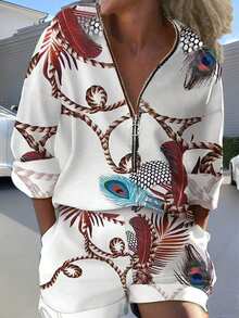 EMERY ROSE Loose Casual  Printed Vacation Women's 2pcs Set, Half-Zip Shirt And Shorts Fall Cloth For Women - Multicolor - View 1