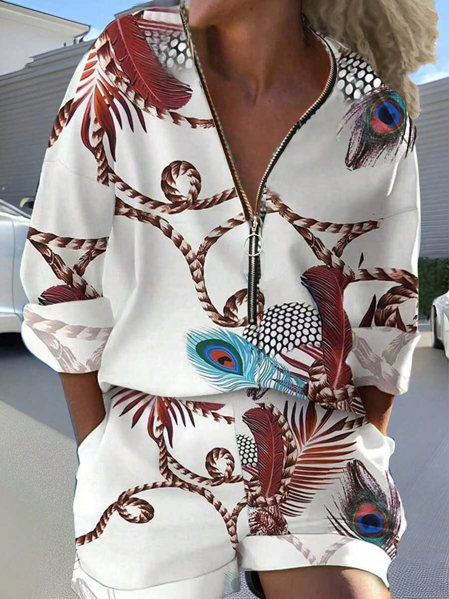 EMERY ROSE Loose Casual Printed Vacation Women's 2pcs Set, Half-Zip Shirt And Shorts Fall Cloth For Women - Multicolor - View 1