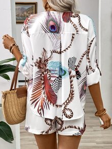 EMERY ROSE Loose Casual  Printed Vacation Women's 2pcs Set, Half-Zip Shirt And Shorts Fall Cloth For Women - Multicolor - View 2