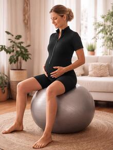 GentleRue Maternity Black Short Sleeve Maternity Sports Jumpsuit With Half Zip Stand Collar Ribbed Elastic Fabric Casual - Black - View 3