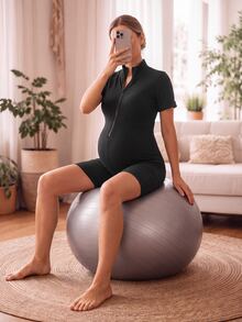 GentleRue Maternity Black Short Sleeve Maternity Sports Jumpsuit With Half Zip Stand Collar Ribbed Elastic Fabric Casual - Black - View 4