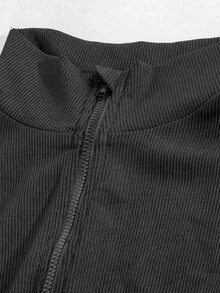 GentleRue Maternity Black Short Sleeve Maternity Sports Jumpsuit With Half Zip Stand Collar Ribbed Elastic Fabric Casual - Black - View 10