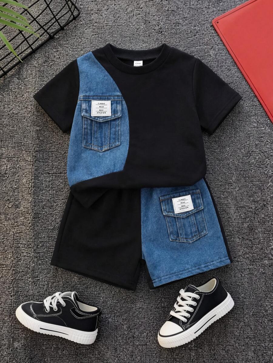 SHEIN 2pcs Baby Boy Summer Casual Patchwork Black Top And Patchwork Shorts Set - Multicolor - View 1