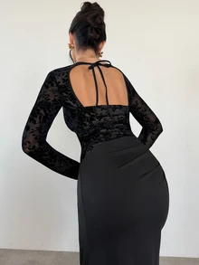 Firerie Black Floral Flocked Square-Neck Long-Sleeve Dress, For Semi-Formal Party Evening Wedding Guest Events Elegant - Black - View 9