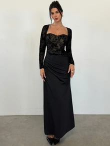 Firerie Black Floral Flocked Square-Neck Long-Sleeve Dress, For Semi-Formal Party Evening Wedding Guest Events Elegant - Black - View 6
