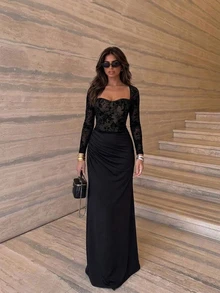Firerie Black Floral Flocked Square-Neck Long-Sleeve Dress, For Semi-Formal Party Evening Wedding Guest Events Elegant - Black - View 4