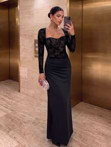 Firerie Black Floral Flocked Square-Neck Long-Sleeve Dress, For Semi-Formal Party Evening Wedding Guest Events Elegant - Black - View 2