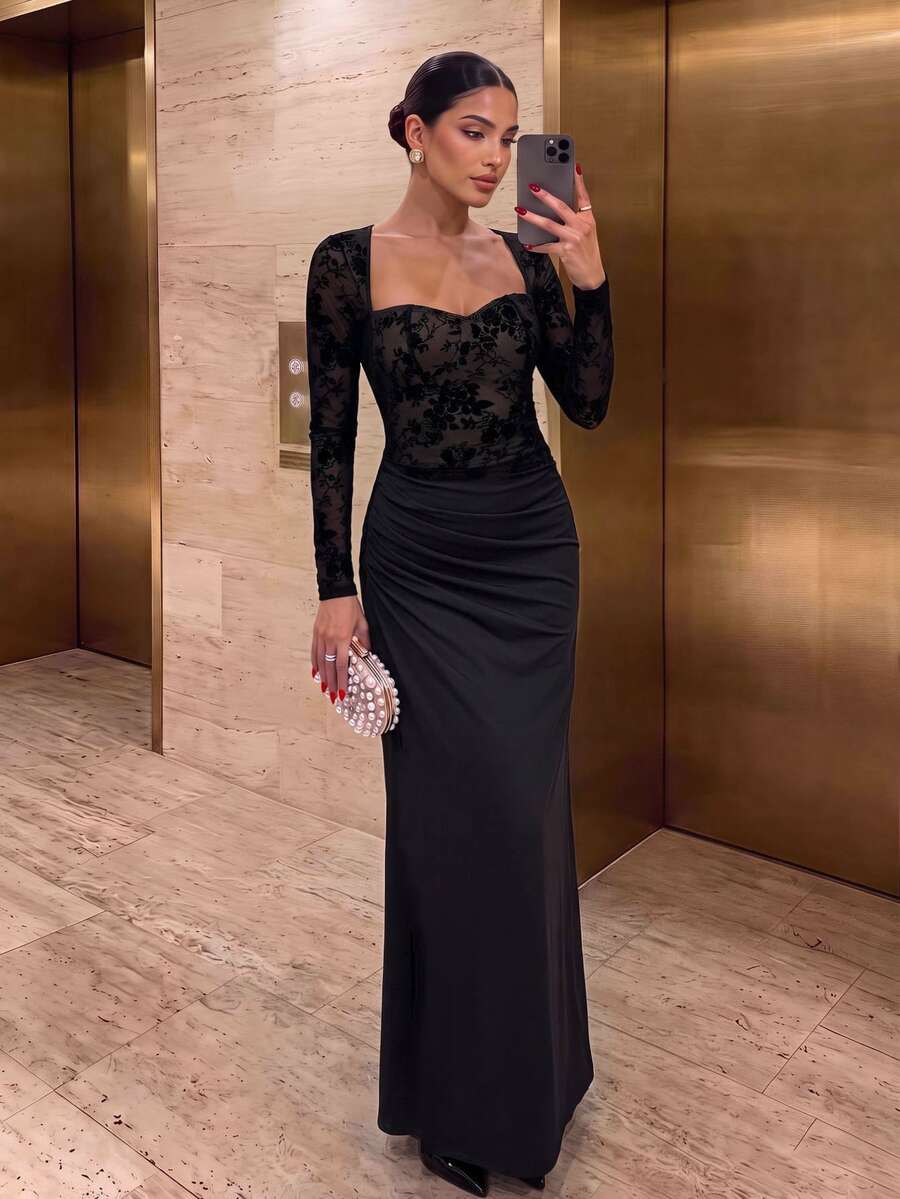 Firerie Black Floral Flocked Square-Neck Long-Sleeve Dress, For Semi-Formal Party Evening Wedding Guest Events Elegant