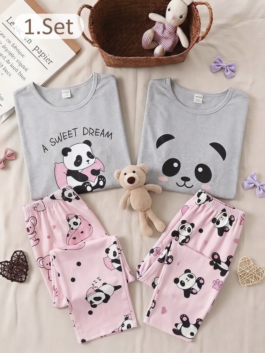 SHEIN 女童 2 件組居家服套裝,可愛熊貓印花圓領長袖上衣與滿版印花長褲,休閒舒適懶人家居服 - 粉色 - 查看 1
