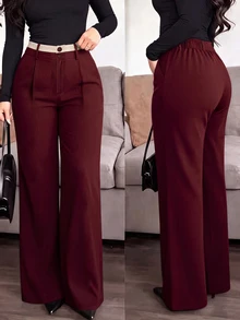 GlowEve CURVE Plus Size Women's Colorblock Pocket Button Casual Versatile Daily Wide Leg Pants - Red - View 8
