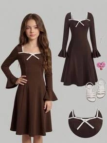 SHEIN Tween Girl Brown Cream Colorblock Bow Long Sleeve Knit Fall Dress, Brown Dress, Robe, Elegant Sweet Christmas Party Dress Winter Girly Outfit, Fashion - Coffee Brown - View 1