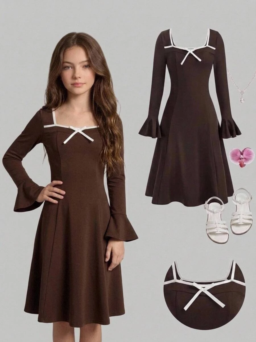 SHEIN Tween Girl Brown Cream Colorblock Bow Long Sleeve Knit Fall Dress, Brown Dress, Robe, Elegant Sweet Christmas Party Dress Winter Girly Outfit, Fashion - Coffee Brown - View 1
