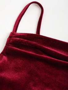Dulcita Solid Color Spaghetti Strap Ruched Slim Fit Casual Vacation Dress For New Year Holiday Party Clothes Burgundy Maxi Velvet Women Outfit - Burgundy - View 4