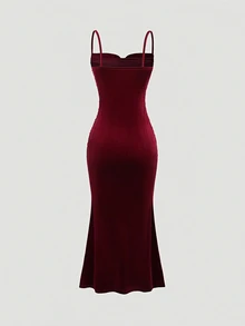Dulcita Solid Color Spaghetti Strap Ruched Slim Fit Casual Vacation Dress For New Year Holiday Party Clothes Burgundy Maxi Velvet Women Outfit - Burgundy - View 2